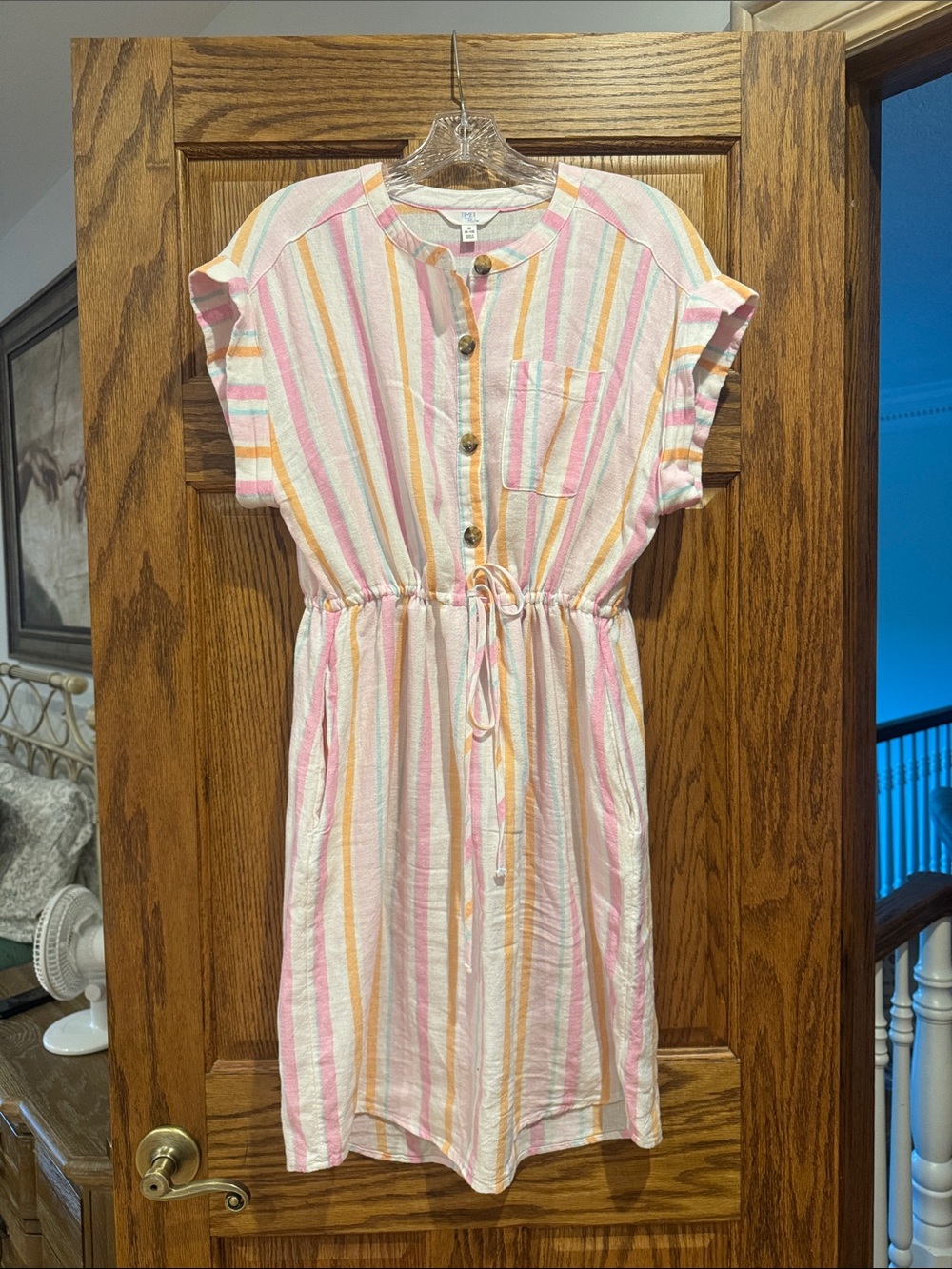 Time and Tru Pastel Stripe Drawstring Shirt Dress - Pink, Yellow, Cream